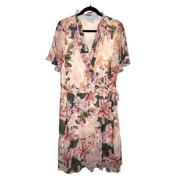 Estelle Women's Plus Size Wrap Dress Lily Print Size 1X 16W Pink Ruffle - Picture 1 of 10